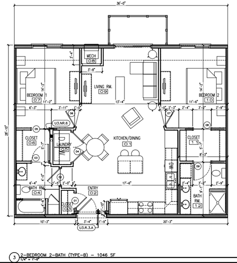 Floor plan for 2 beds, 2 baths, 1060 sqft